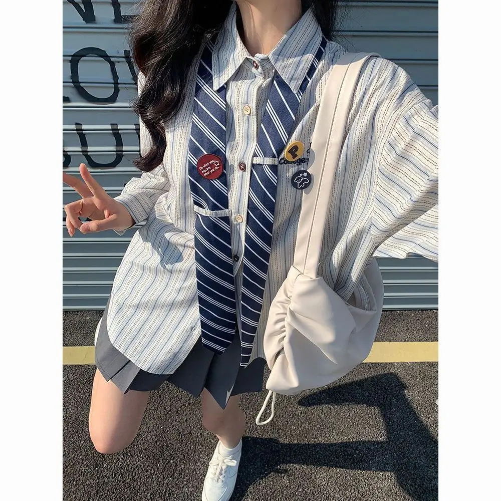 

Japan Striped Shirt For Women Spring And Autumn New Style College Style Loose Vintage Style Student Tie Shirt