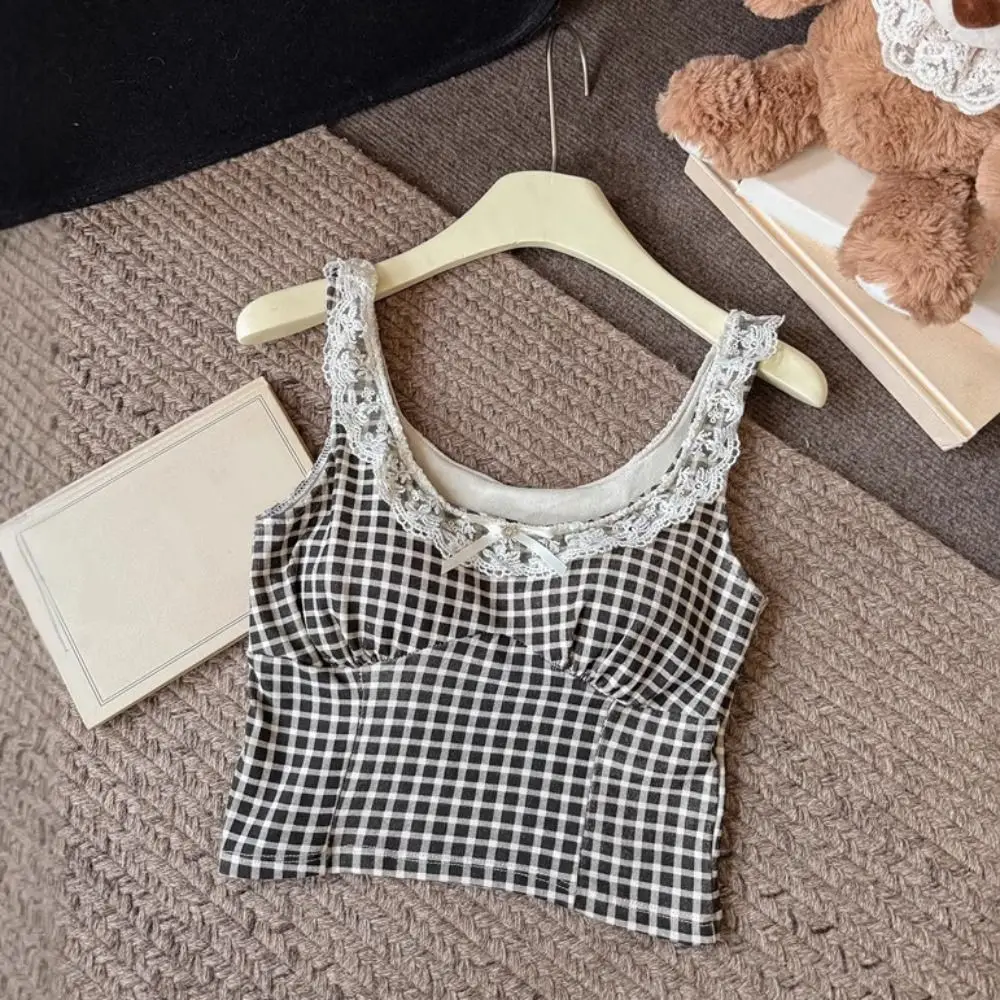 

Patchwork Stripe Grid Y2k Slim Crop Top Sleeveless Sweet Lace Vest Top Girl U Neck Bottoming Shirt Lace Bow Camisole Lady