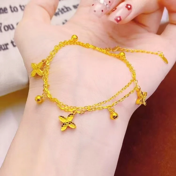 

Универсальный браслет Daily Versatile с эффектом дробленого льда, двойной слой, с четырехконечной звездой, для женщин, 24K золото AU999, идеально подходит для поездок на работу и свиданий.