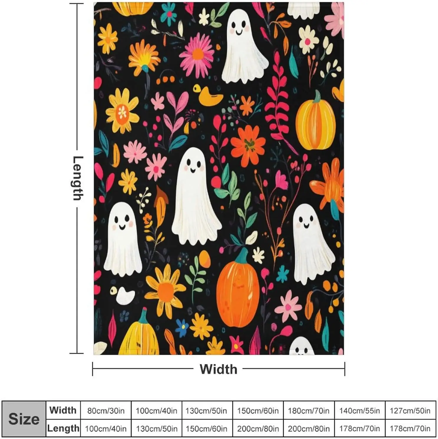Colorful Floral Ghost Flannel Throw Blanket, Soft Cozy Warm Fleece Gothic Pumpkin Halloween Blanket for Couch Sofa Bed, 50x70 Inch