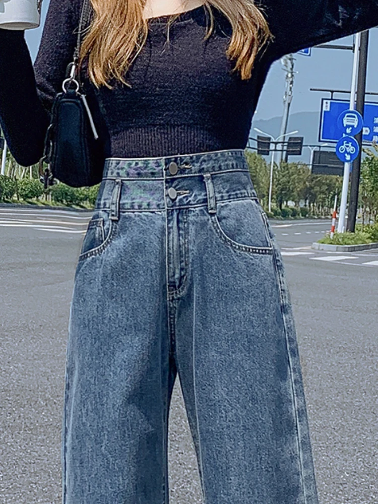 Autumn Winter Jeans Women Double-button High Waist Vintage Korean Fashion College Wide Leg Trousers Y2k Baggy Casual Streetwear