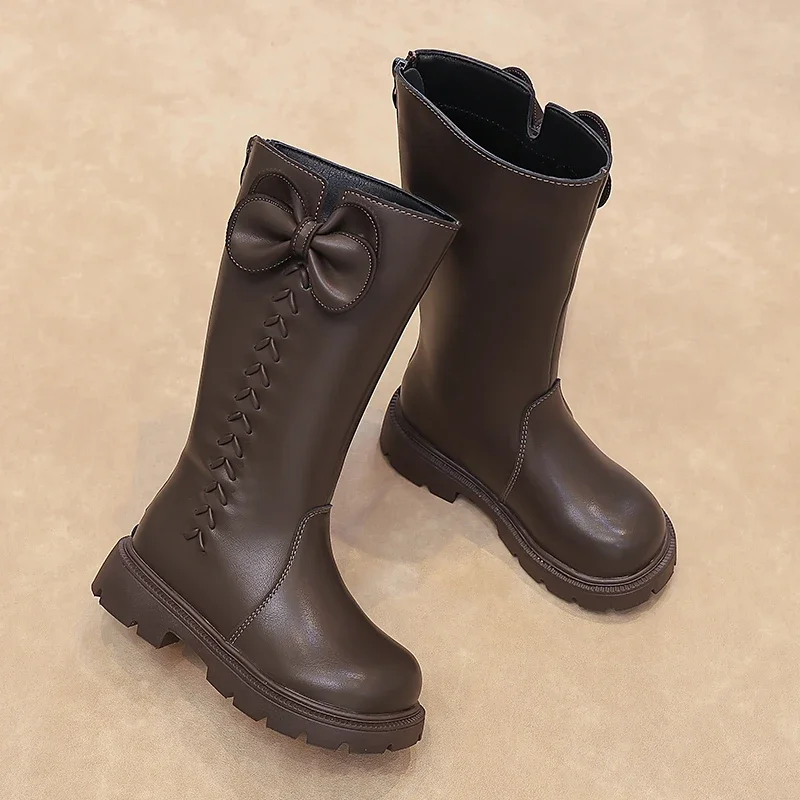 Girls Tall Bow Decor Leather Boots, Side Zipper Non Slip Thick Sole Riding Boots for Autumn Daily Dress Occasions