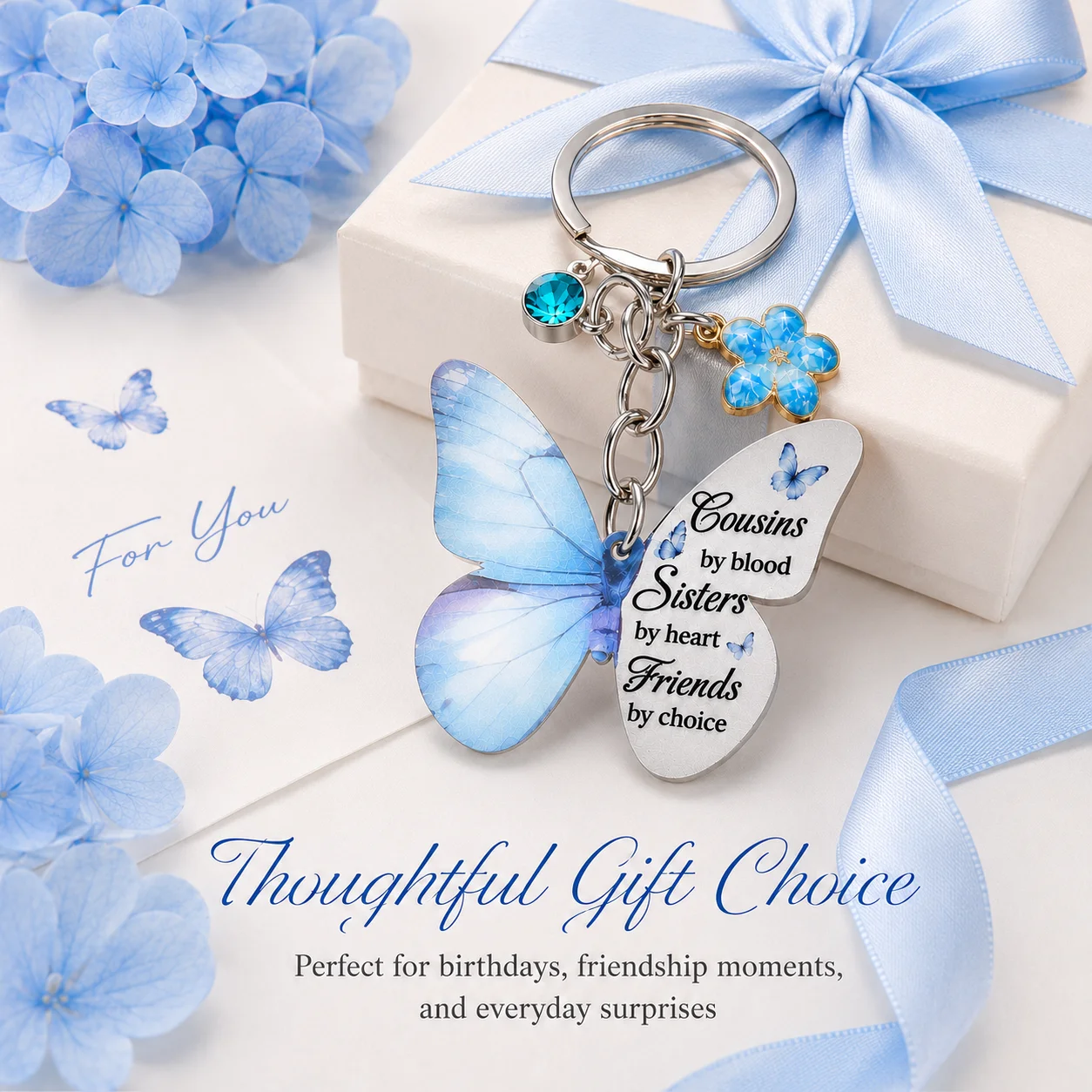 Blue Butterfly Inspirational Quote Keychain, Cousin Sister Friendship Bag Charm, Birthday, Christmas, Thanksgiving Holiday Gift