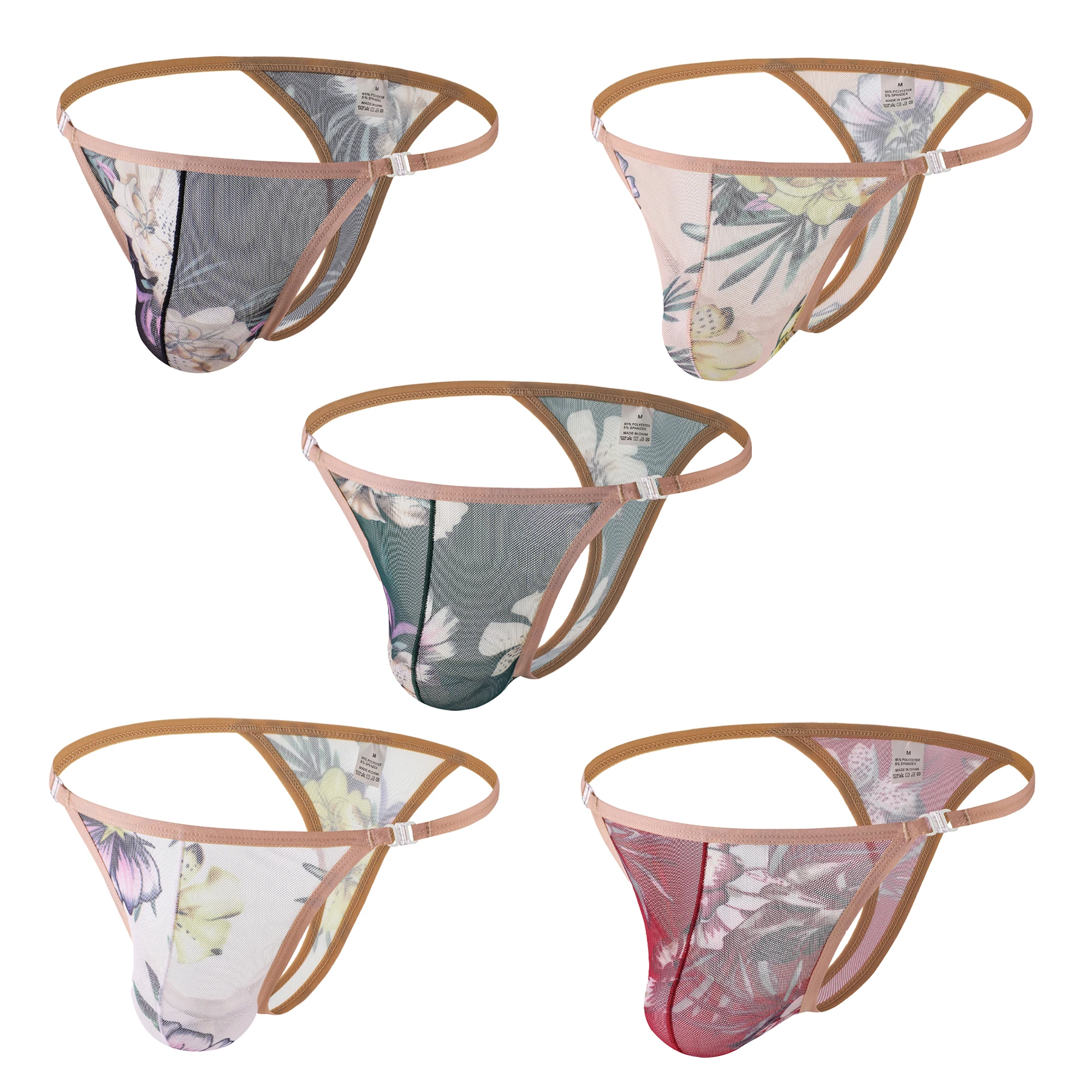 3-piece Set of Mens Ultra-thin Mesh Printed Low Waisted Thong Sexy Perspective Adjustable Underwear for Gay Men Breathable Thong
