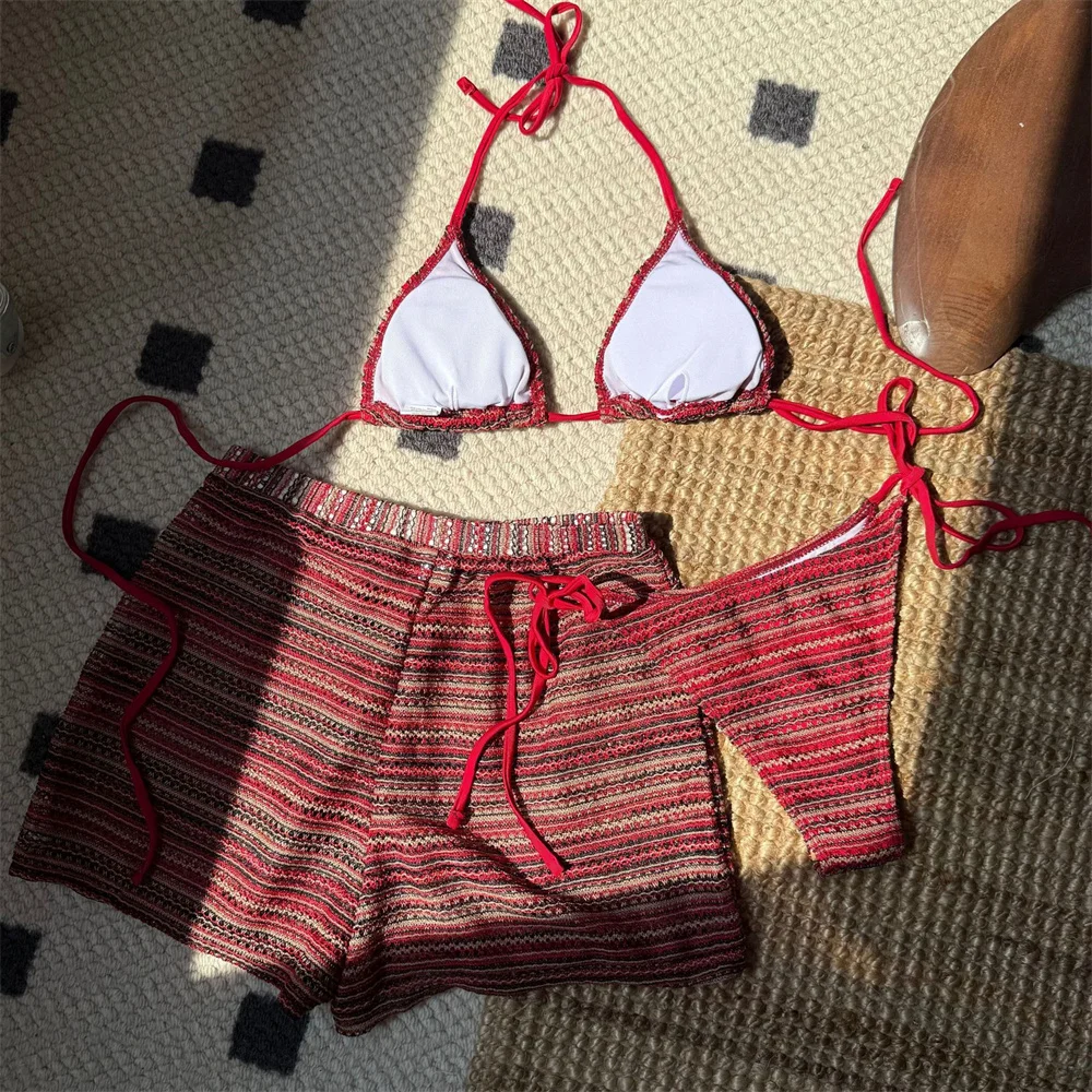 Pantaloncini bikini a righe vintage Set costume da bagno senza schienale Costumi da bagno micro stringhe Push Up Y2K Set bikini Costume da bagno beachwear da donna