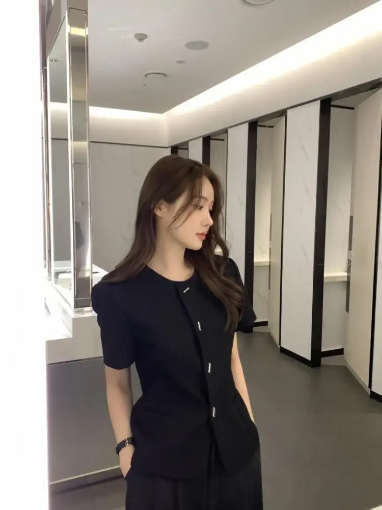 

For Women Chic 2025 Summer Female Vintage Elegant Tweed Style Round Neck Fashion Loose-fit Casual Short Sleeve Cropped Jacket