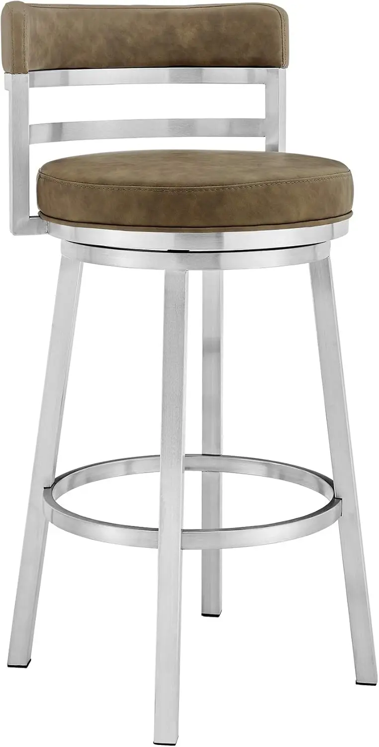 Bar Height Swivel Modern Grey Faux Leather and Brushed Stainless Steel Bar Stool for Kitchen Island Coun