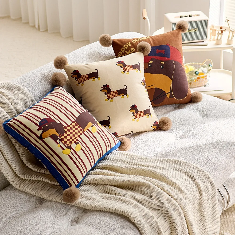 

Sausage Puppy Cartoon Dachshund Pillow Cover Printing Plush Ball Cushion Cover with Zipper Soft Sofa Pillowcase