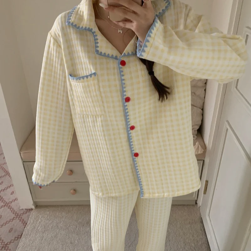 

Girl Grid Sweet Pajamas Thickened Outerwear Wearable As Outerwear Princess Style Women's Homewear Warm Home Wear Autumn Winter