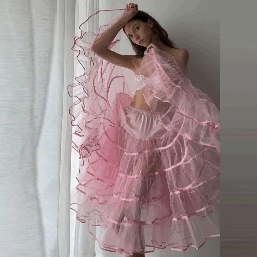 

Pink Tea Length Skirts Layered Custom Made Girls Cake Skirt Dance Skirt Elastic Waist Bridal Petticoat