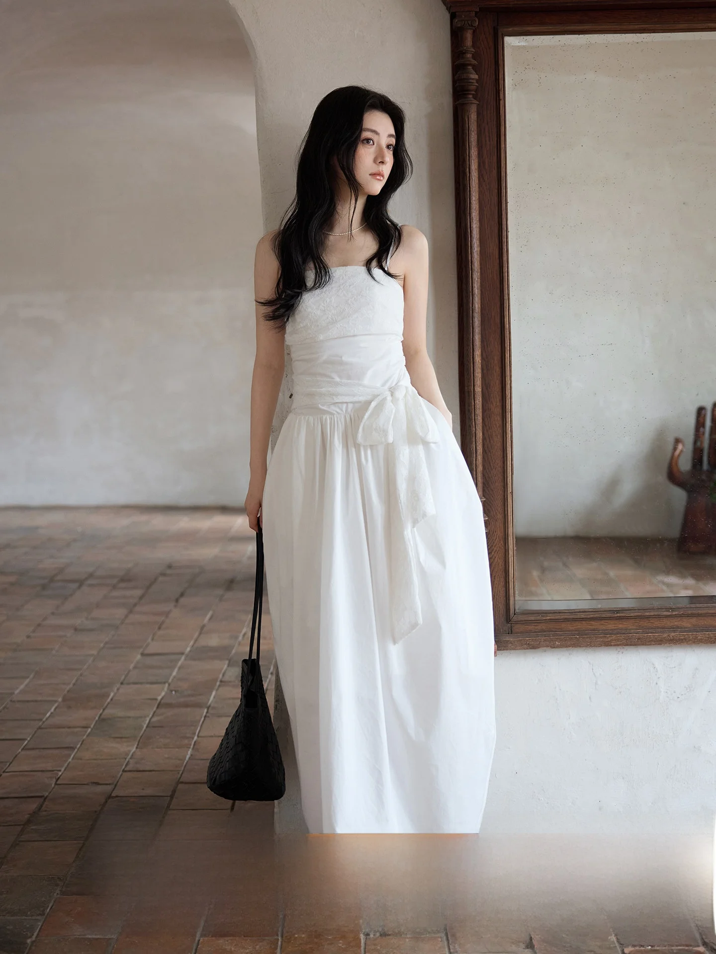 

Elegant Gentle Beach Vacation Knot White Strapless Dress Commute Simple High Waist Cotton Summer No Sleeve Zipper