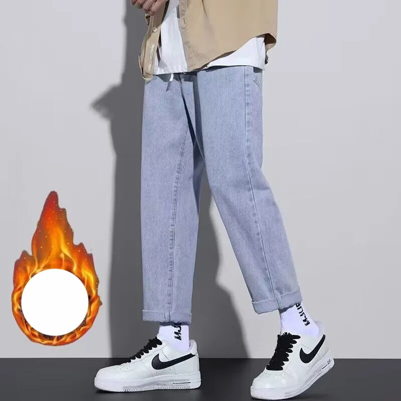 Calças Harajuku slim fit, estilo KPOP, todos os fósforos, cilindro reto, calça casual, jeans de bolso monocromático, outono e inverno