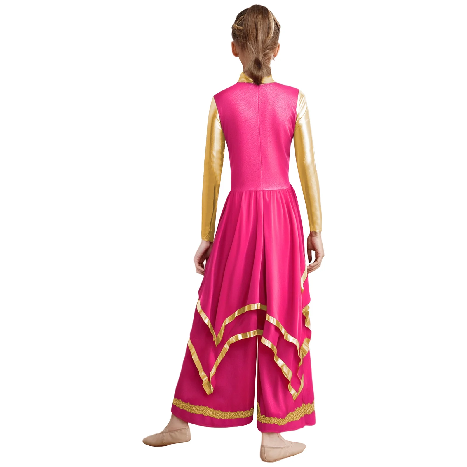 キッズガールズ礼拝典礼舞踊ドレス長袖ゴールドトリムメタリックカラーブロック不規則な裾ドレスとワイドレッグパンツ