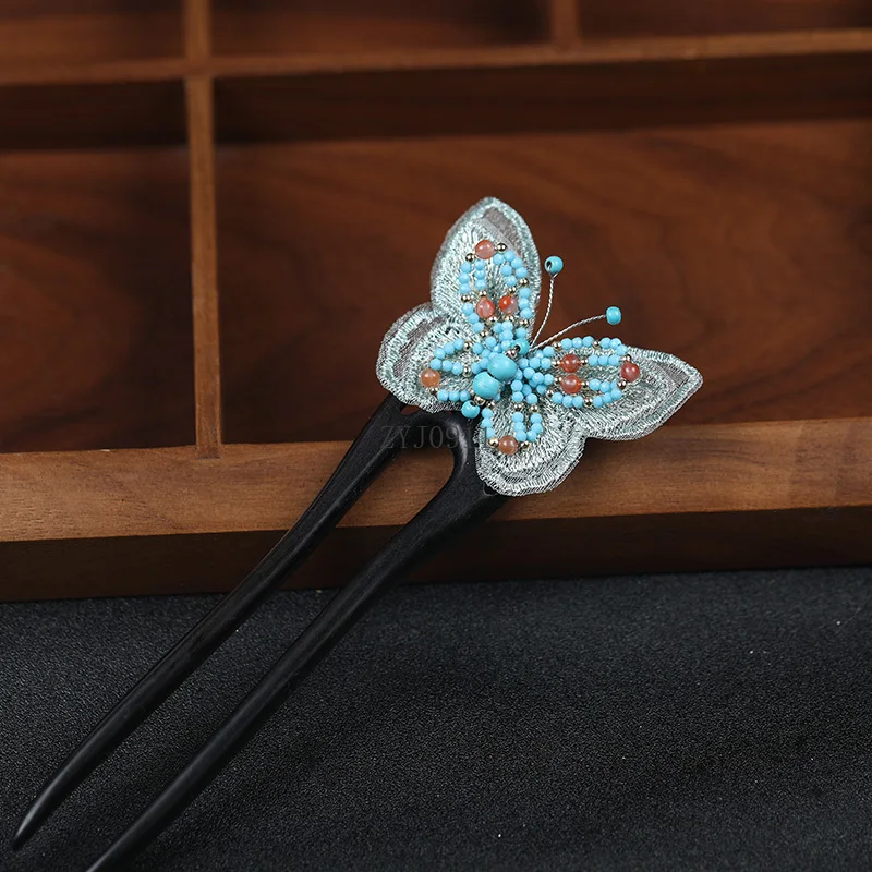 Jepit rambut kayu cendana kupu-kupu bordir kelas atas antik hiasan kepala kain jepit rambut gaun kuda jepit rambut retro