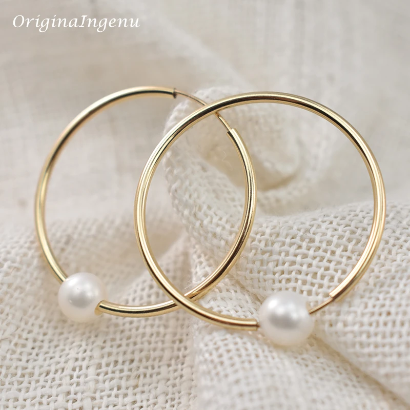 14K złoto wypełnione kolczyki Hoop biżuteria-naturalne perły złote kolczyki kołowe Brincos Pendientes Oorbellen kolczyki Boho złota biżuteria