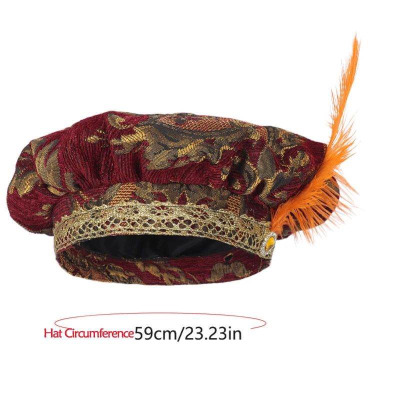 2026 Rode hoogwaardige middeleeuwse multi-gerande gevederde hoed, pannenkoek-top cap, zwarte jacquard hof platte hoed cosplay kostuum hoofddeksels