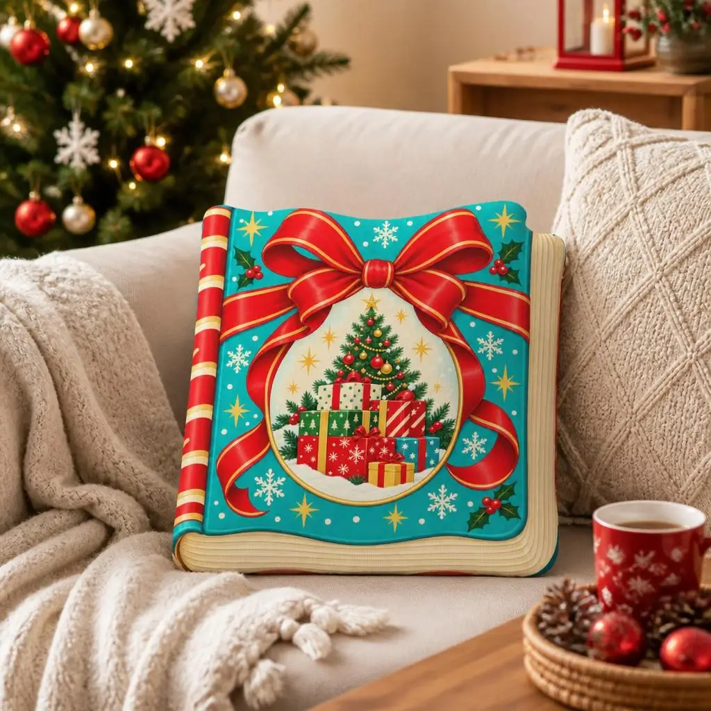 Christmas Tree and Presents Storybook Pillow Holiday Throw Cushion with Red Bow Stuffed Decorative Sofa Bed Home Decor Gift
