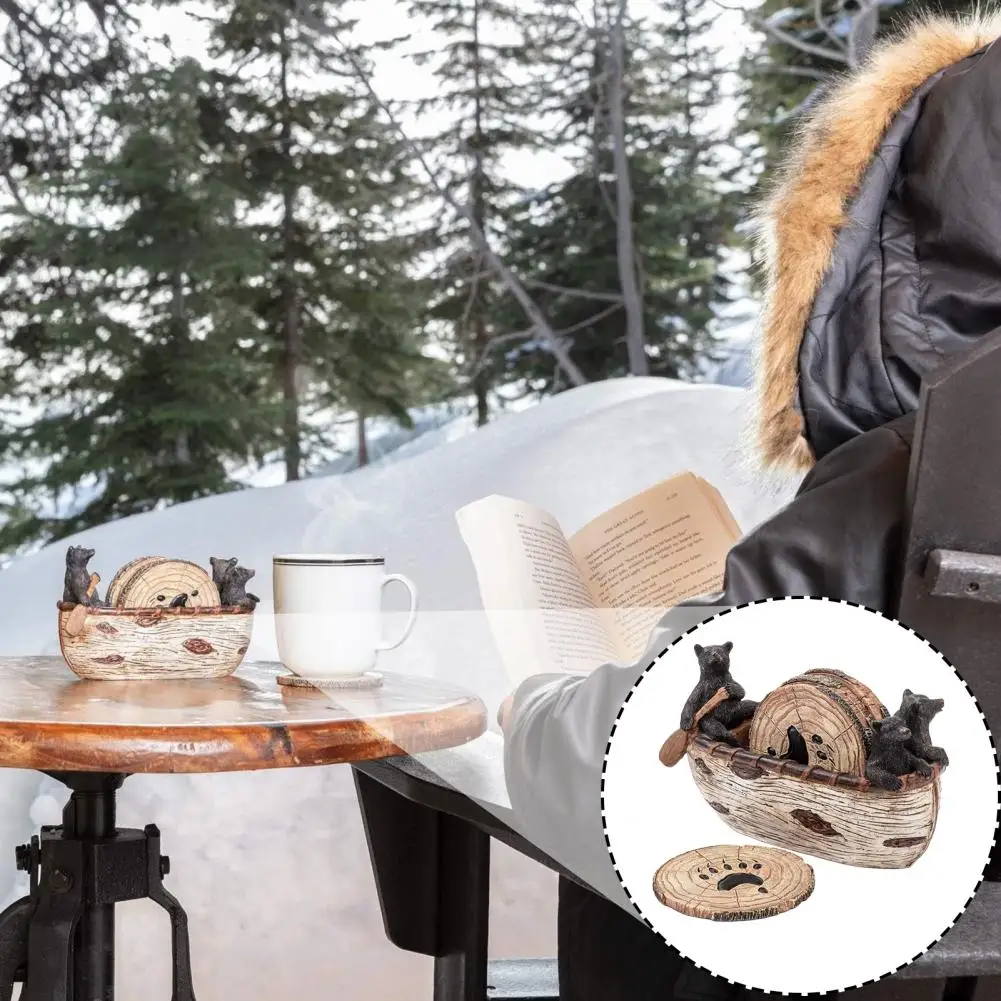 

Bear Canoe Coaster Handmade Resin Coaster Set with Black Bear Canoe Stand Heat Resistant Pan Holder Drink Cup for Farmhouse