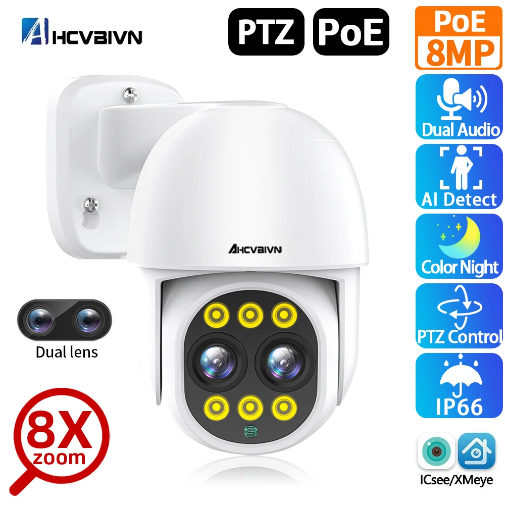 

4K 8X Zoom PTZ Security Camera 8MP Poe Face Detect Waterproof Two Way Audio For Video Surveillance NVR System Color Night Vision