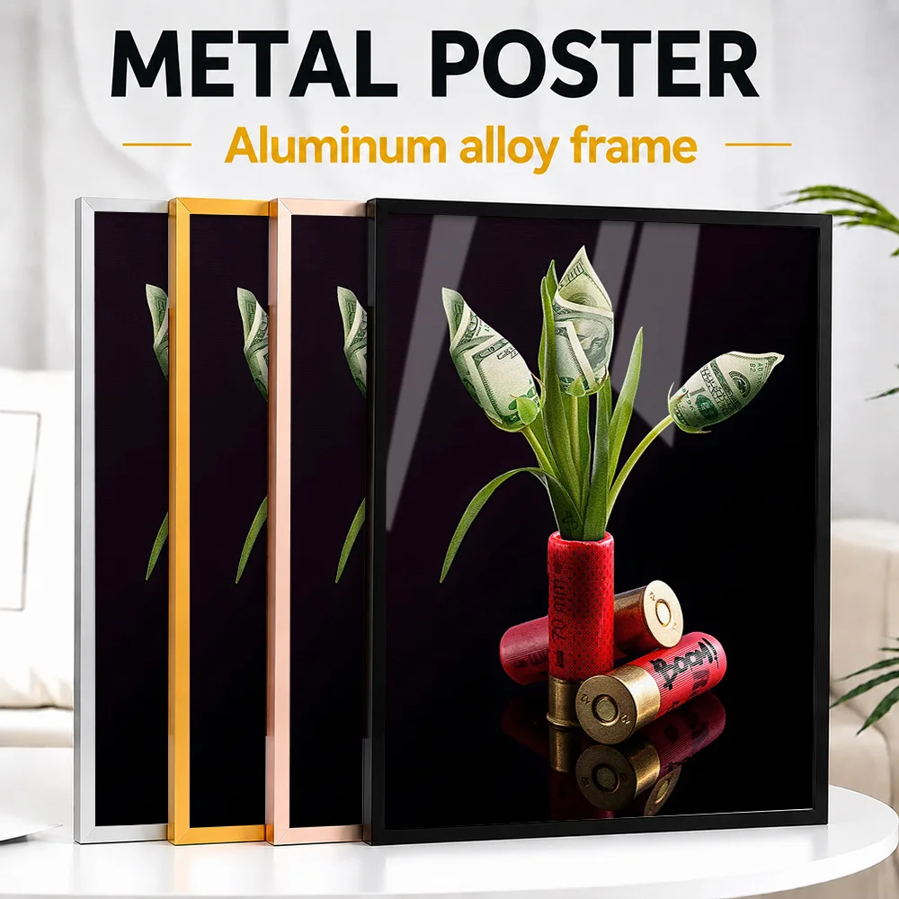 Money Flower With Dynamite Framed Aluminum Metal Poster Customized Street Tribute Wall Art Designed For Loft And Trend Lovers