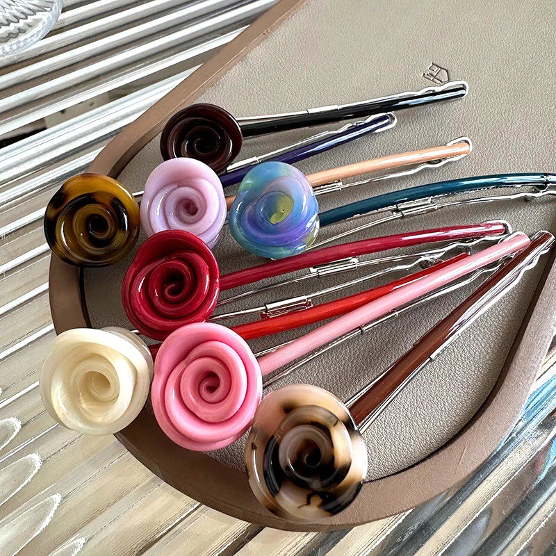 1pc Bangs One-word Buckle Roses Cute Candy Colors Hairpin Acetate Hair Clip Sides Hair Accessory Head Simple Style
