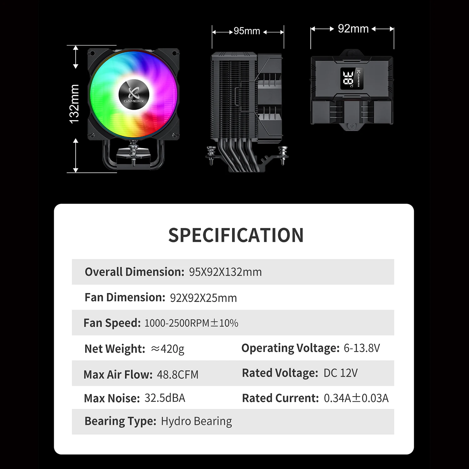 4 Copper Tube Game Digital Cooler Z-1300 Heat Sink CPU Cooler Air Dispersion/Temperature Display ARGB Computer Tower Air Cooling