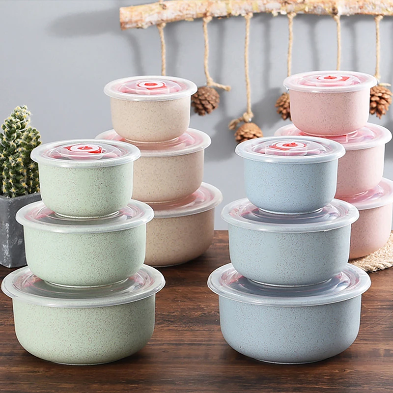 3PCS/Set Wheat Lunch Bowl Box Round Lunch Box With Lid Can Be Microwave Sealed Bowl Kitchen Supplies Storage Box