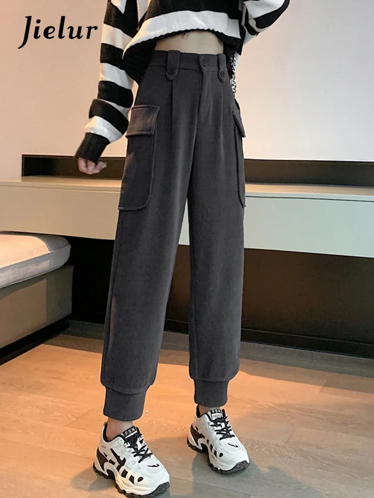 

Jielur Grey Casual Sport Basic Female Cargo Pants Winter Solid Color High Waist Simple Fashion Women's Pants Chic Buttons Pocket