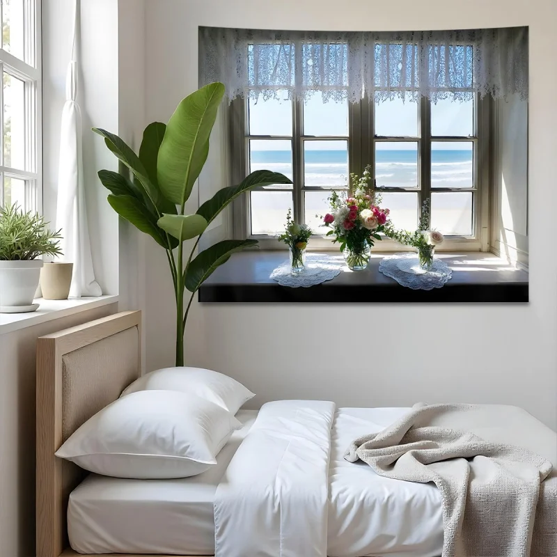 Fake Window Scenery Tapestry Polyester Aesthetic Wall Hanging Mountain Field Beach View Decor for Bedroom Dorm Photo Backdrop