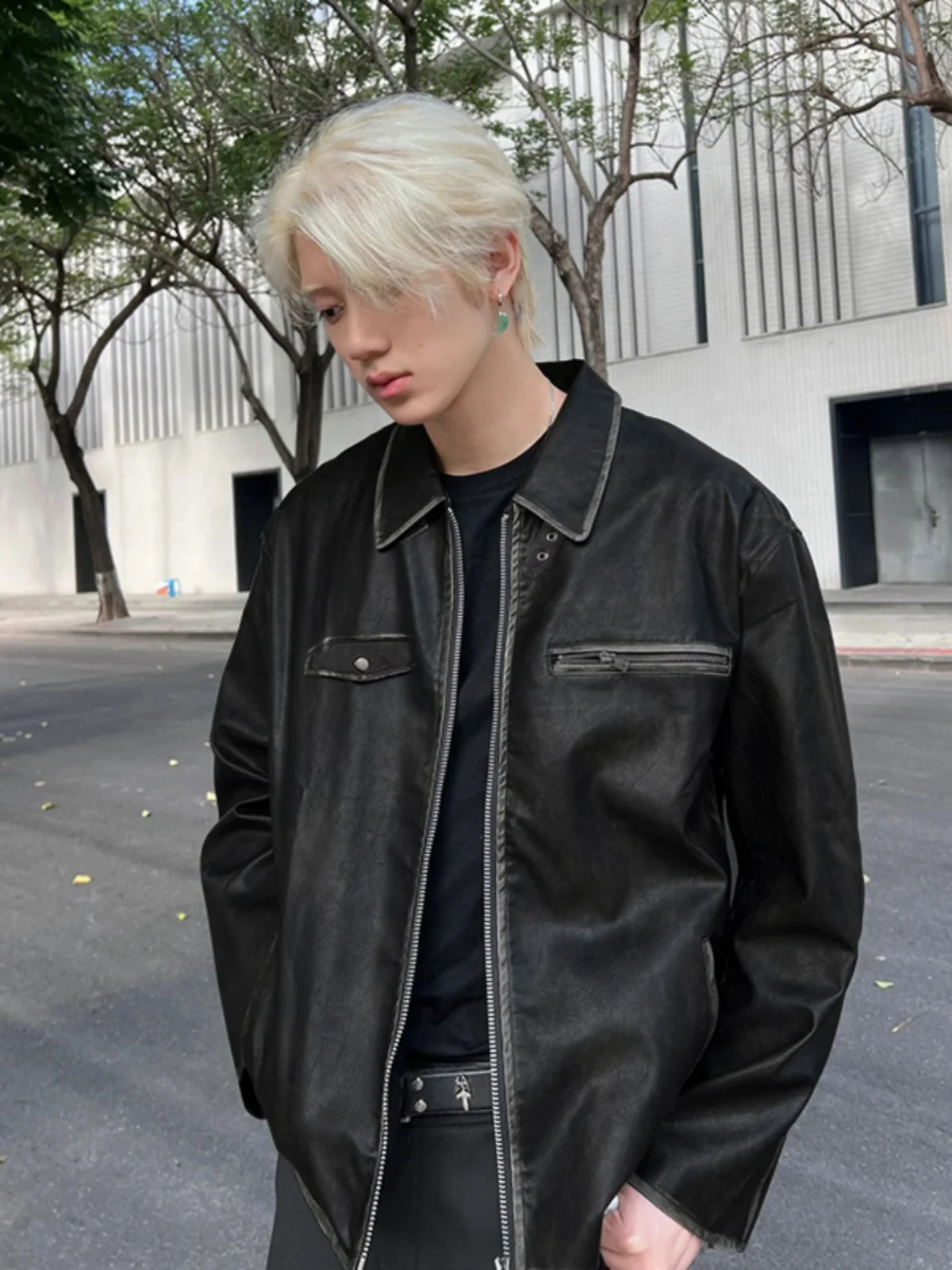 

Retro Waed Leather Jaet Men's Spring Autumn Sle American Retro 2024 New Cool Motorcycle Jaet Casual Pure Color Zipper