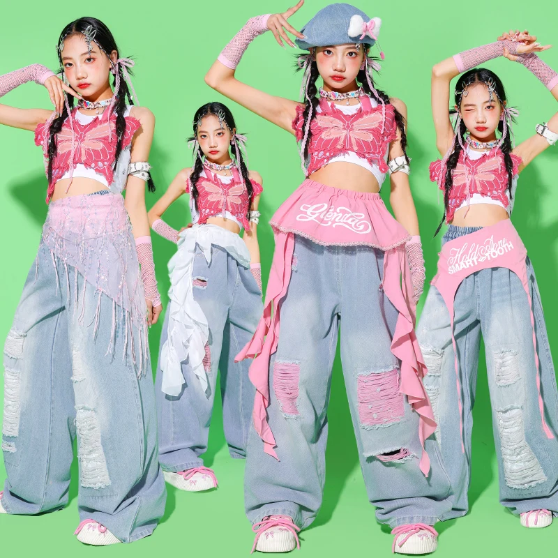 

Яркие розовые топы с бабочками для девочек, детские костюмы для танцев в стиле хип-хоп, одежда для выступлений на сцене, модная одежда для уличных танцев для детей