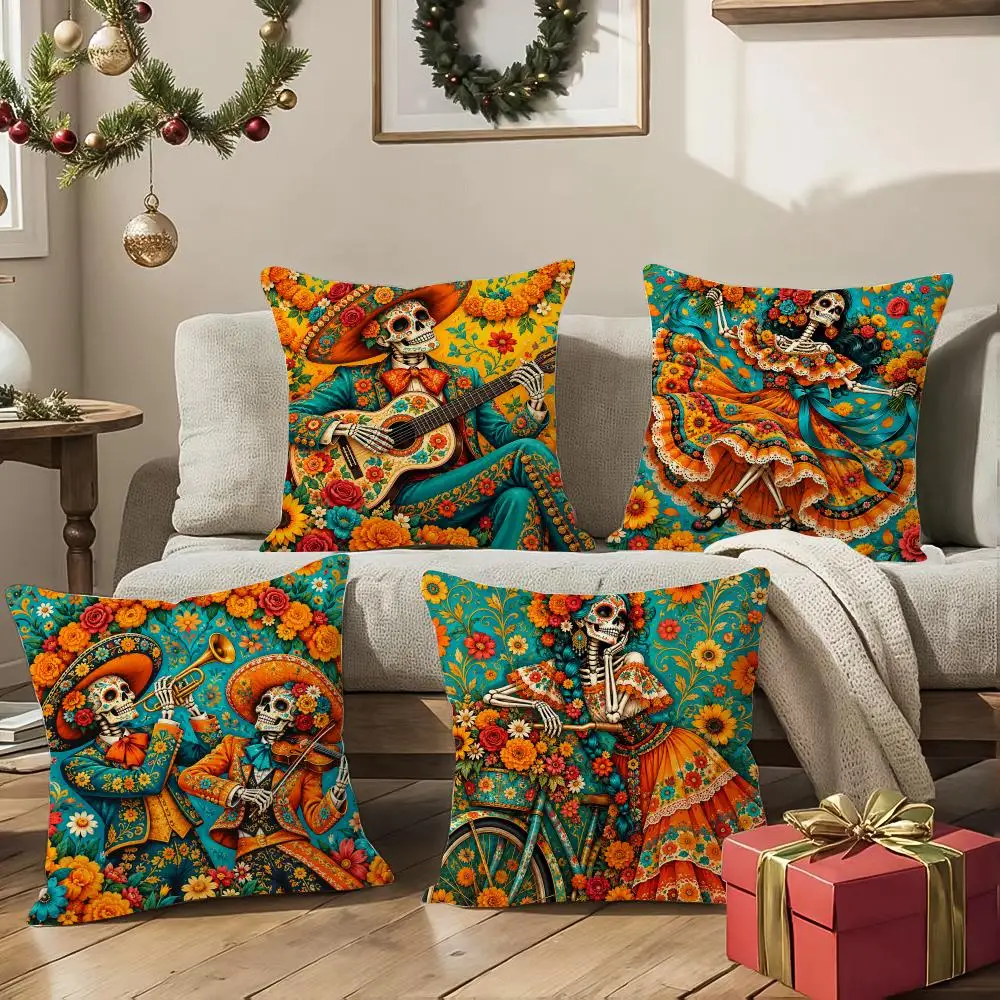 Marigold Skeleton Fiesta Variants Cushion Cover 1/4Pcs Soft Plush Cushion Case Throw Pillowcase Cozy Home Sofa Living Room Decor