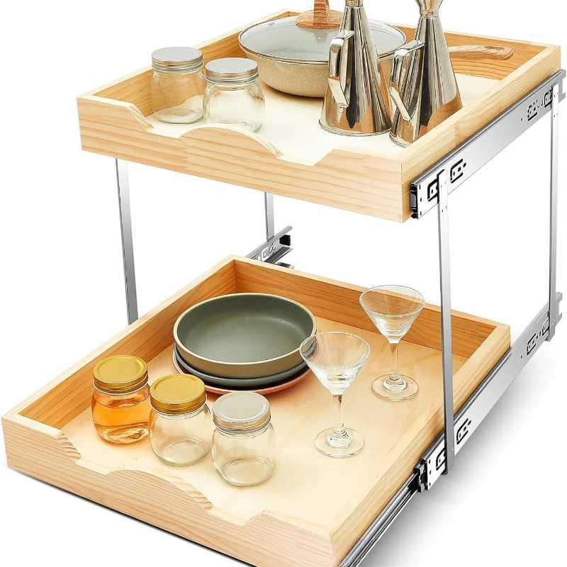 

Wooden two-layer storage rack Creative sliding cabinet finishing rack Kitchen double-layer condiment rack Solid wood