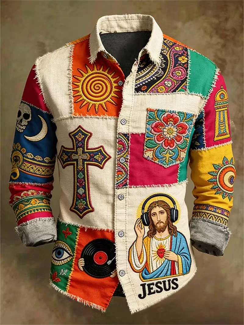 New Bohemian style color patchwork 3D printed pattern men's long sleeved shirt hippie retro casual shirt