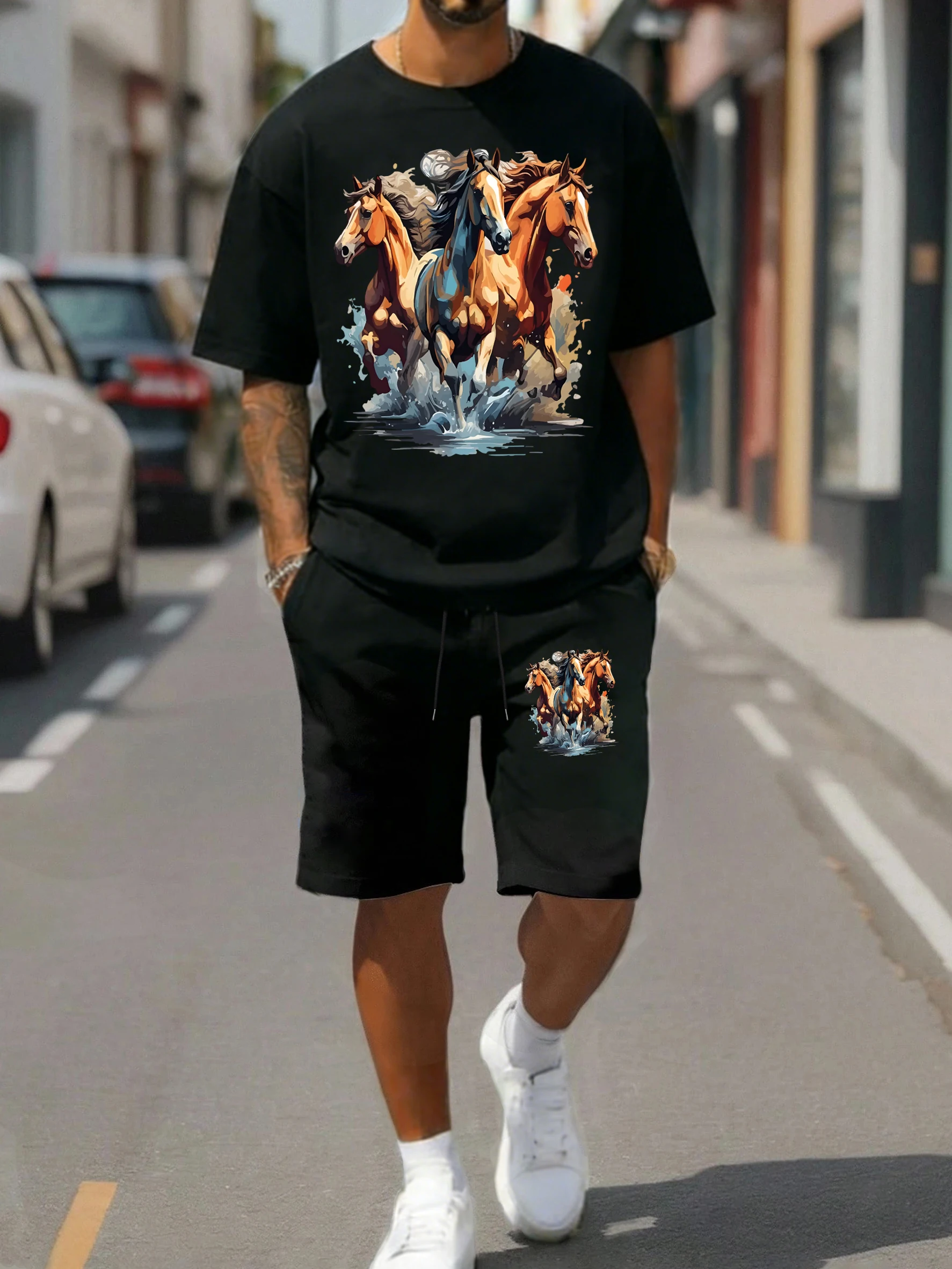 

Year Of The Horse Grand Display Men Sportsuit Summer O-Neck Cotton Tee Drawstring Shorts Unisex Basics Street Fashion Clothing