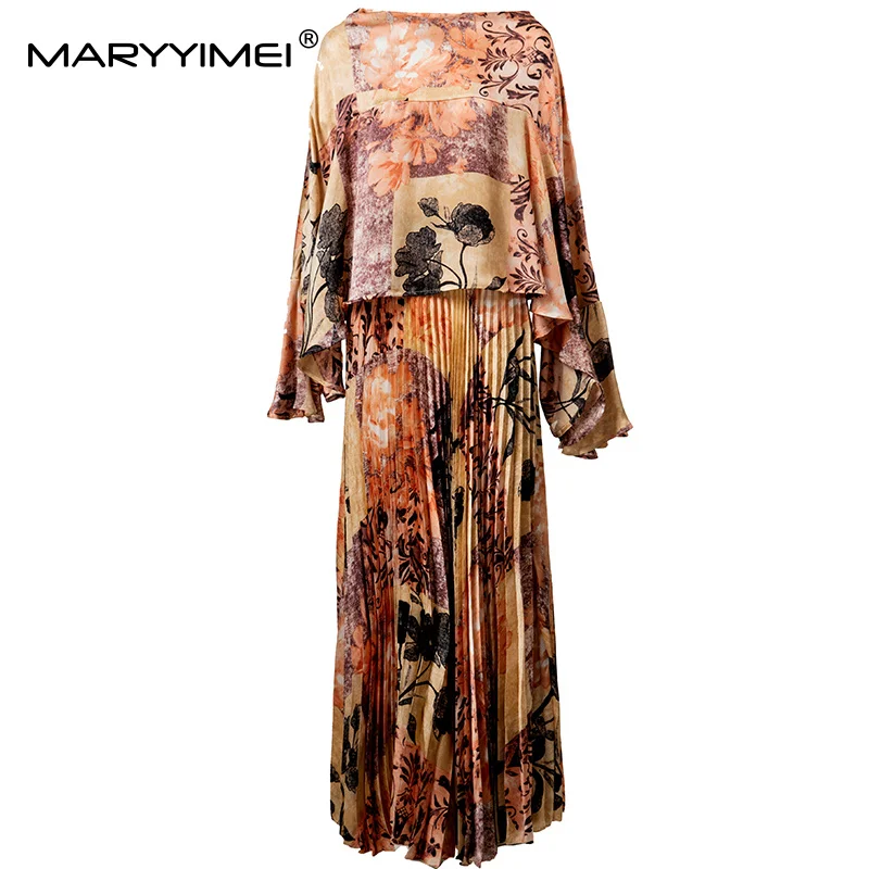 

MARYYIMEI Fashion design Women's Suit Flare Sleeved Loose Waist Tops+Pleated Skirt Print Two-piece set Spring Summer 2025 New