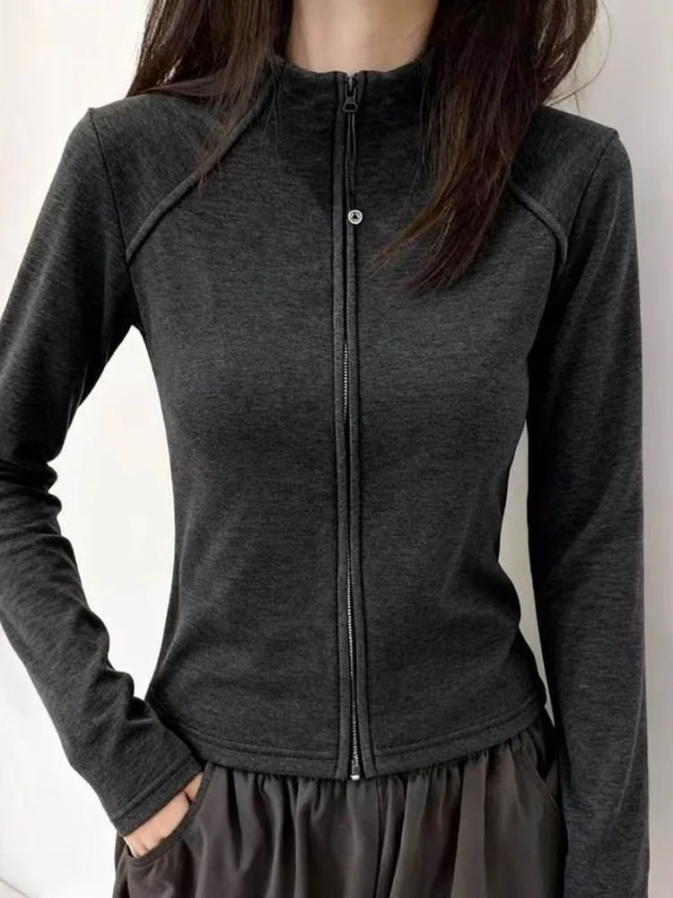 Women's Thickened Stand Collar Sweatshirt Zipper Jacket Korean Style Pure Color Long Sleeve Antibacterial Inner Wear Base Shirt