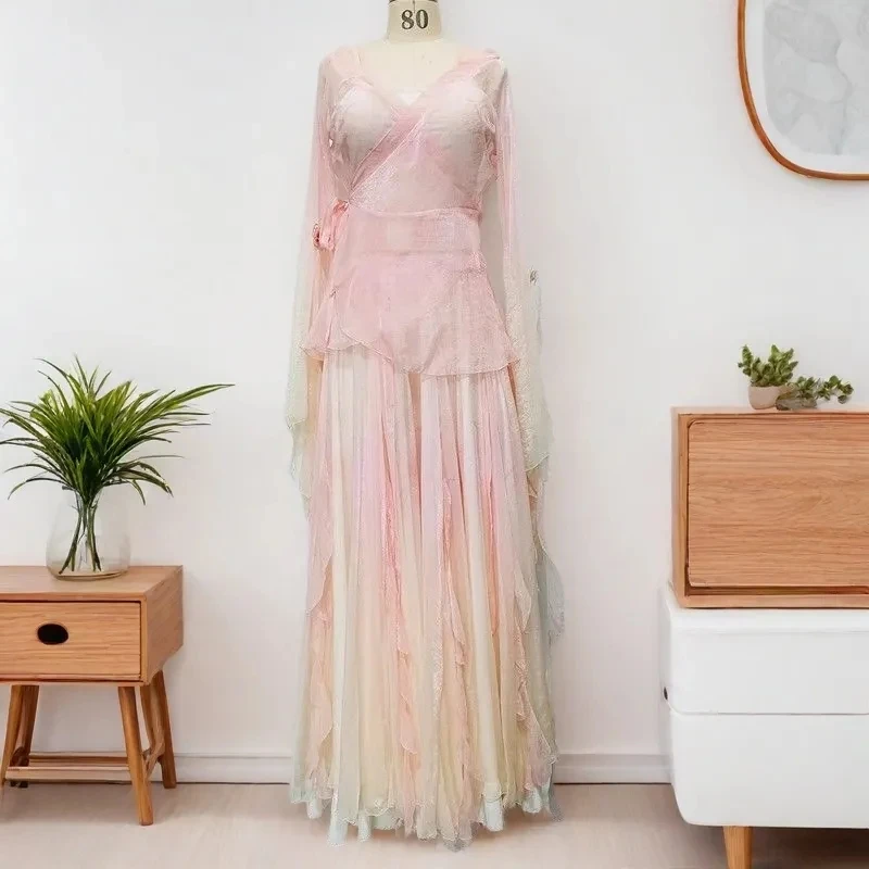 Chinese Classical Dance Costume Women Gradient Sheer Flowy Traditional Performance Outfit Stage Show Training Set Adults Girls