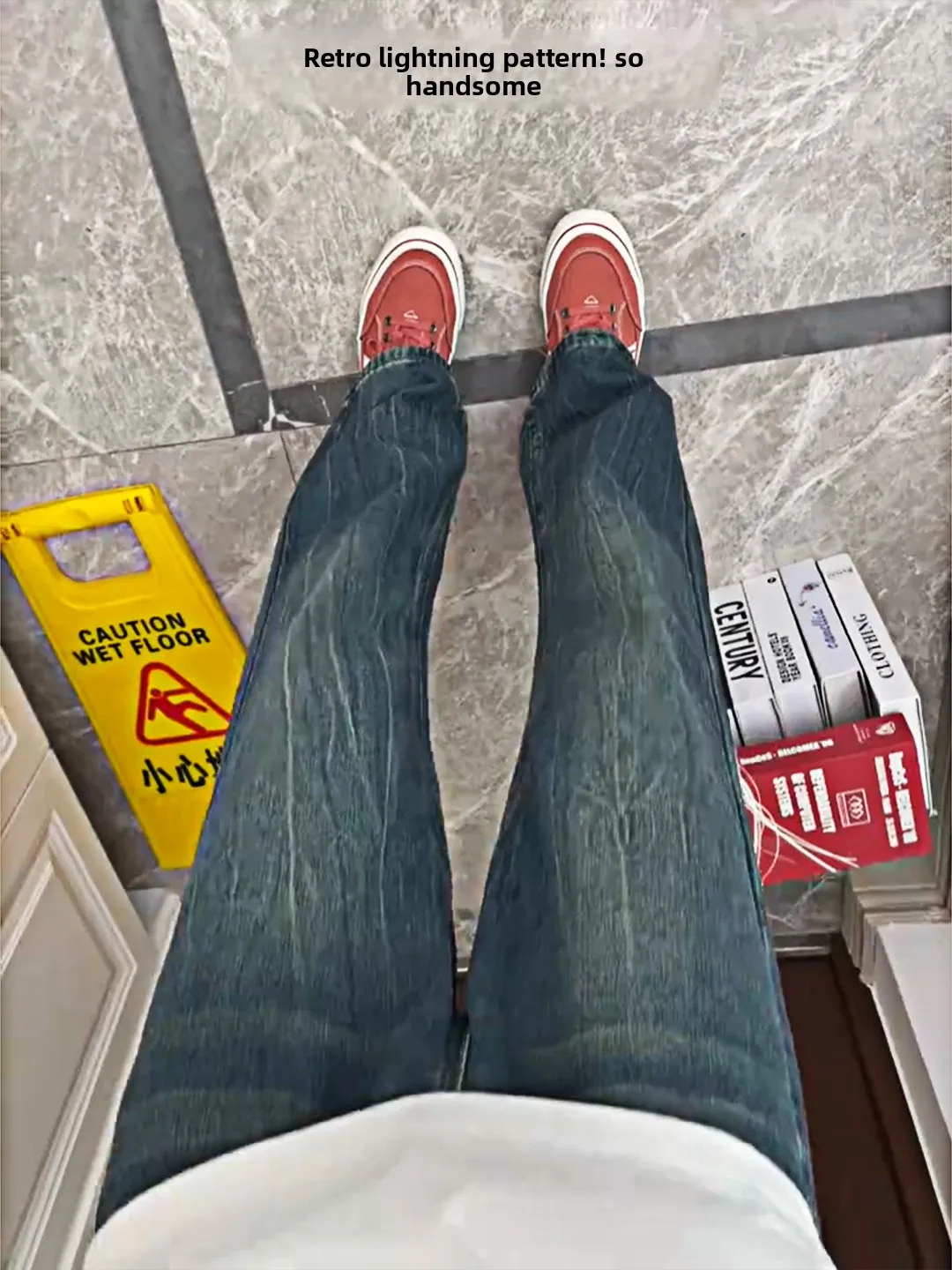 

Bla Bamboo Node Micro Flared Jeans Men's Autumn Winter Cleanfit Straight Leg American High Street Fce Lined Pants