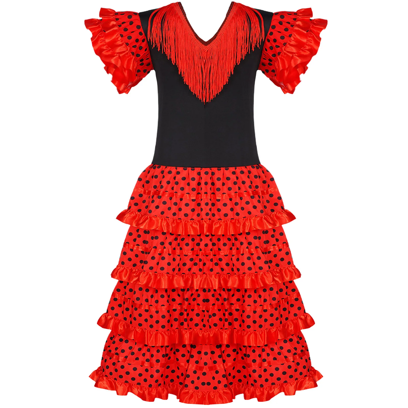 Abiti da ballo flamenco folclorico spagnolo per bambina, costume di Halloween, nappa, scollo a V, maniche arricciate, pois, volant a strati