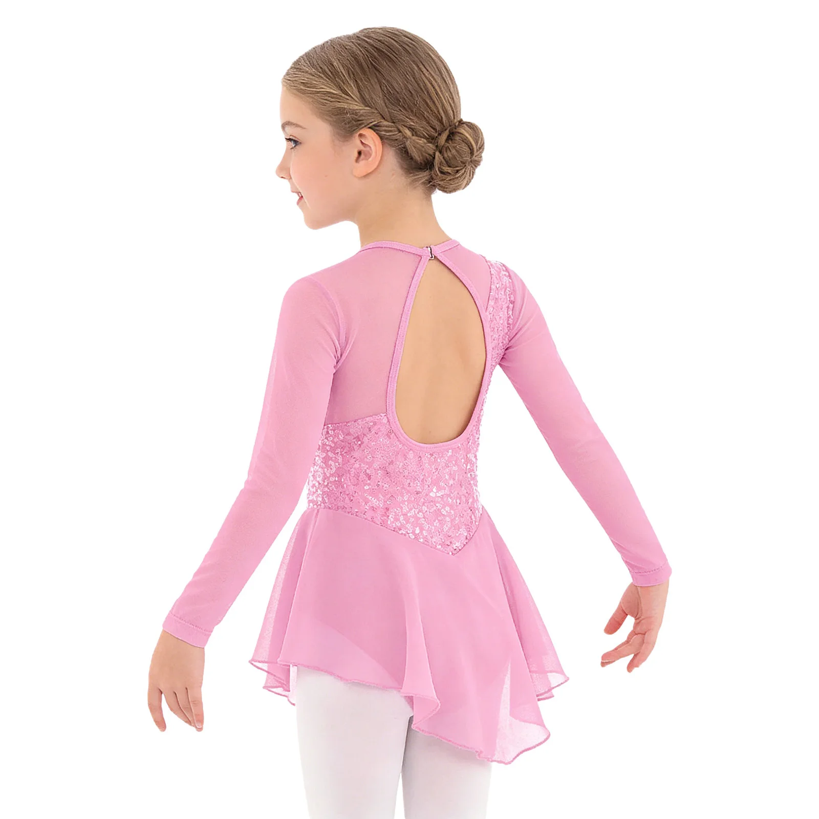 

Детское платье для фигурного катания и балета для девочек, с длинным рукавом, блестящими пайетками, сетчатой юбкой-пачкой, гимнастический купальник, одежда для современного танца