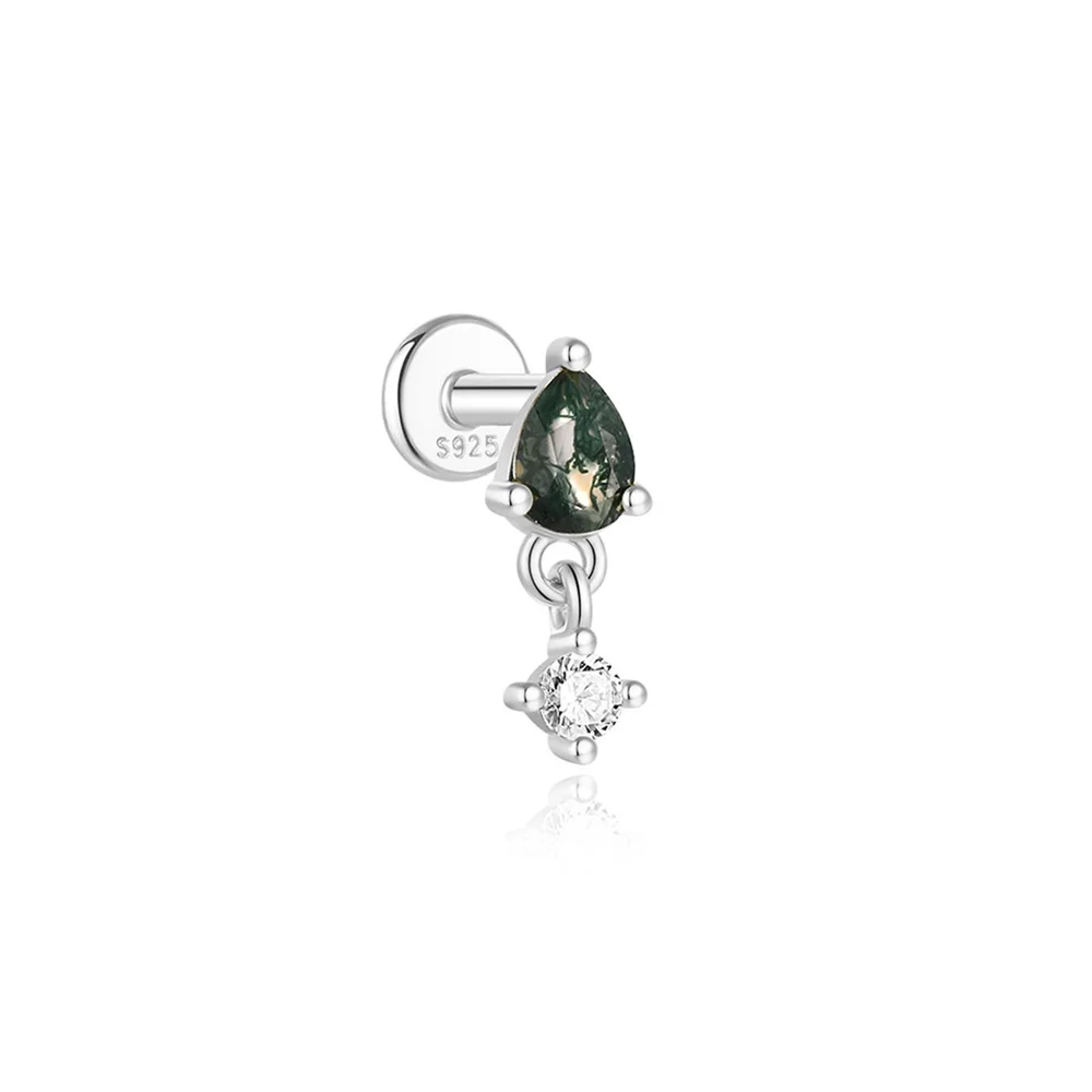 AIDE Wasser Gras Achat 925 Sterling Silber Flachkopf Faden Piercing Ohrring Grünes Moos Piercing Ohr Knochen Ohrring Schmuck 1 Stück