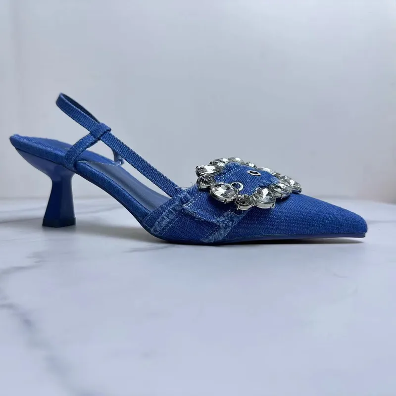 

2024 New Women's Shoes Sea Blue Belt Buckle Decoration denim rhinestone exposed high heels, pointed sandals