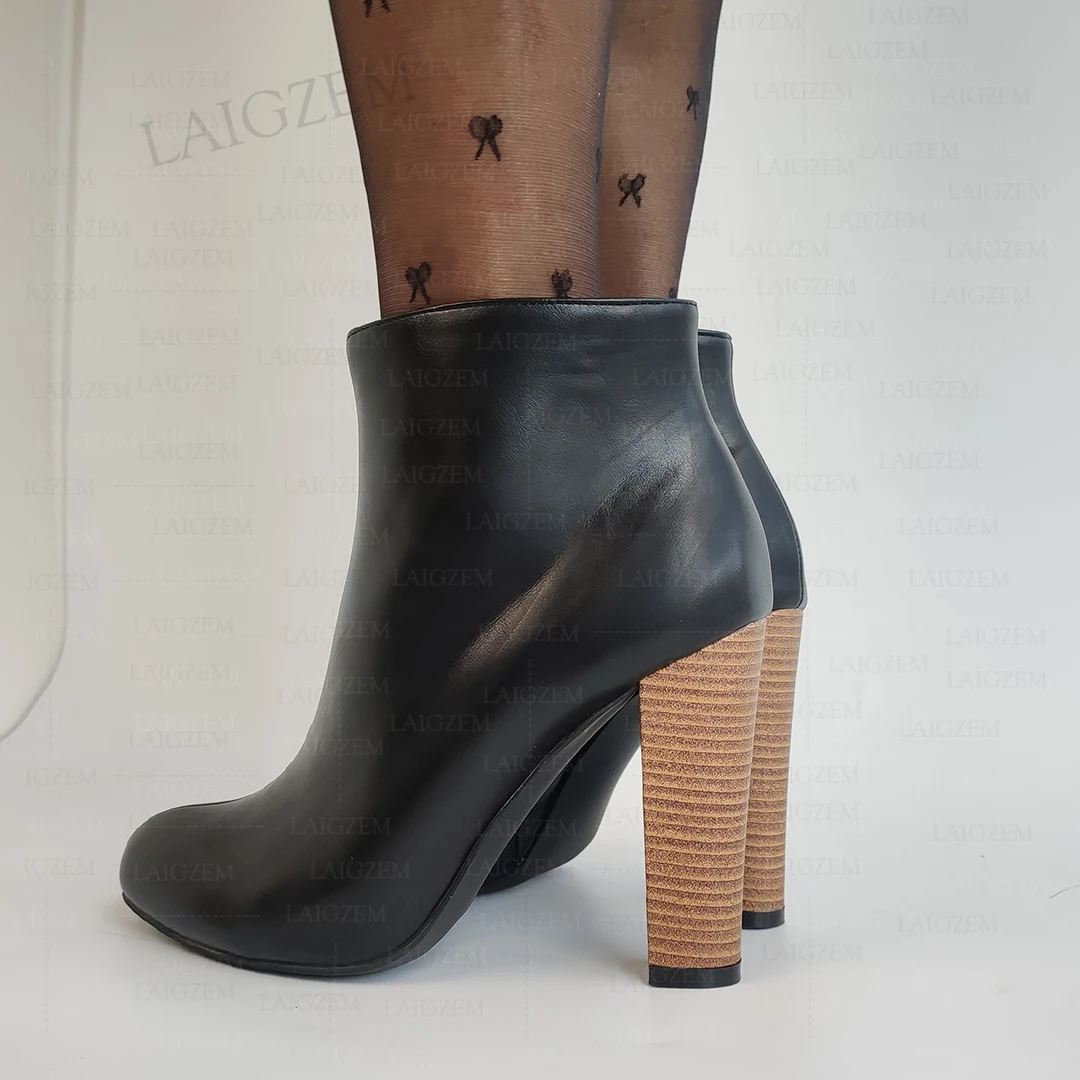 

LAIGZEM Women Ankle Boots Round Toe Side Zip Thick High Heels Short Booties Ladies Handmade Shoes Woman Large Size 41 46 50 52