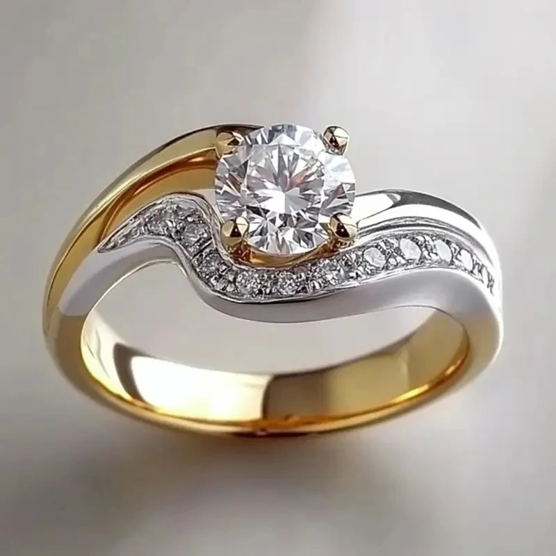Edler Damenring mit eingelegten weißen Zirkonia-Steinen, trendiger zweifarbiger Geometrie-Design, für den täglichen Gebrauch, Partyschmuck, Jubiläumsgeschenk.
