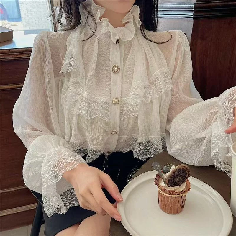 

Элегантная блузка из шифона с рюшами и кружевными вставками в стиле Y2K, весенний топ с воротником-стойкой, корейская роскошная рубашка с длинным рукавом, универсальная модель