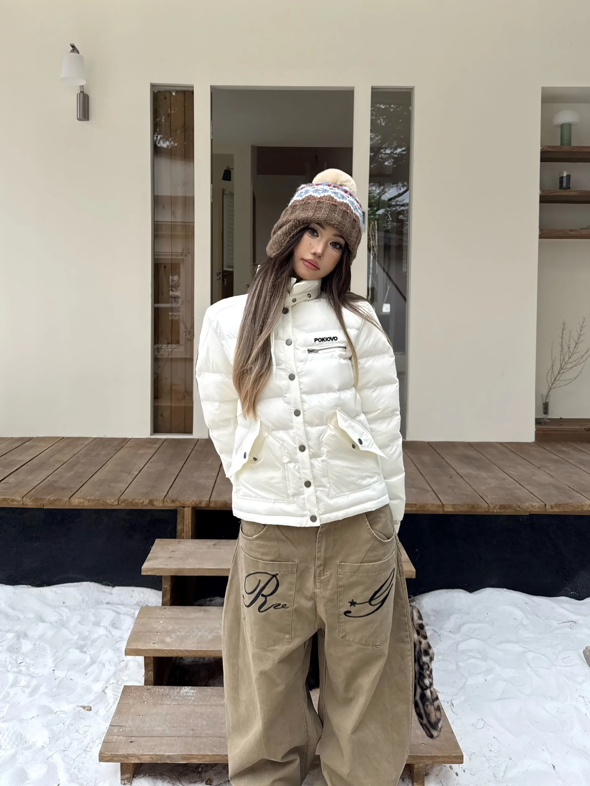 

Женское хлопковое пальто с воротником на молнии, теплое и американское дизайнерское зимнее пальто в стиле ретро, нейлоновая ткань, прямой крой