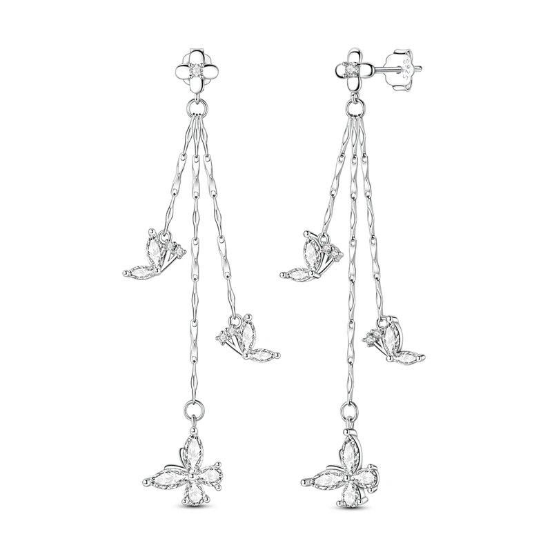 

925 Sterling Silver Earrings Women Sparkling Butterfly Tassel Drop Earring For Anniversary Wedding Jewelry Gifts