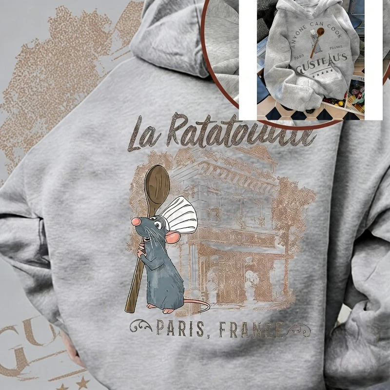 Disney Chef 100% cotton printed Kid Hoodies for Men "Ratatouille" Movie Pattern Pullover Sweatshirt, Loose BreathableLeisure