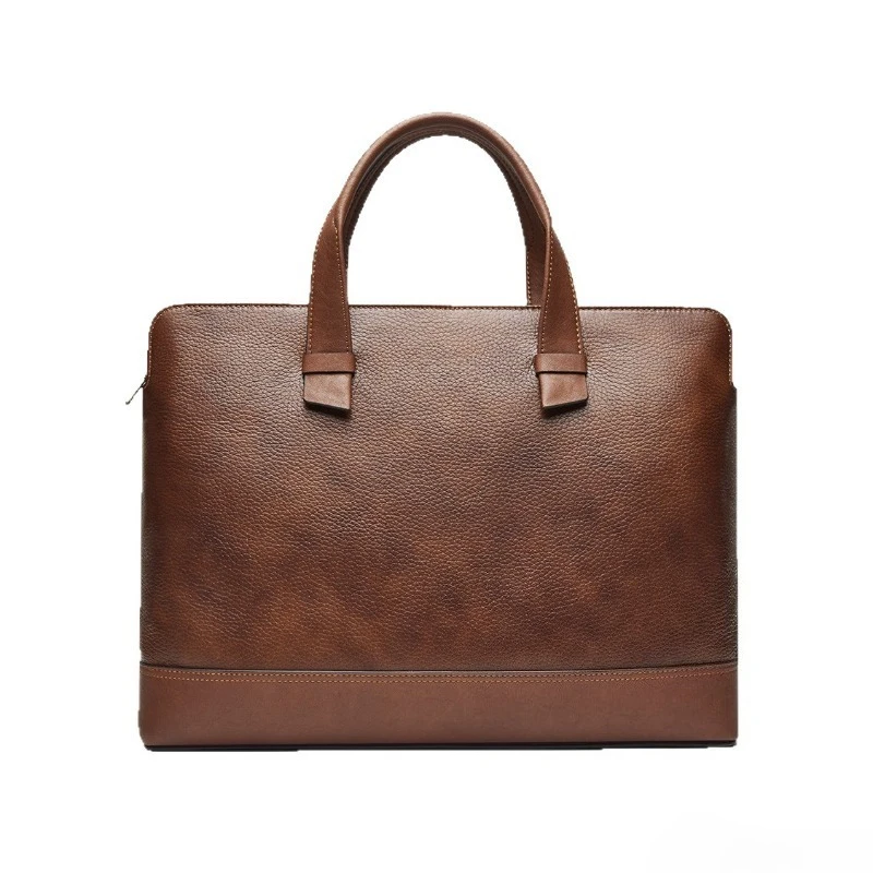Men's Padded Laptop Vegetable Tanned Leather Briefcase Top Handle Business Office Spacious